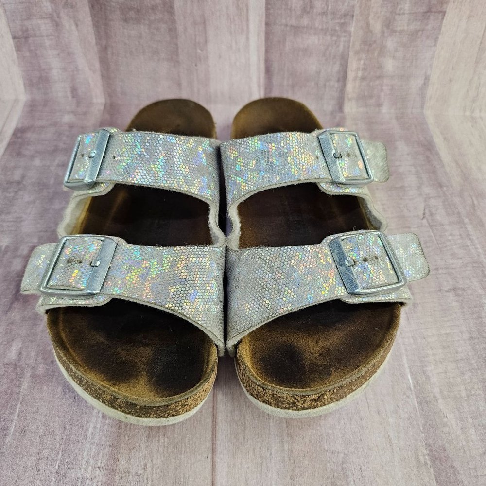 Birkenstock Girls Size 33 Holographic Sparkle Arizona Slip On Sandals Shoes - Picture 3 of 13